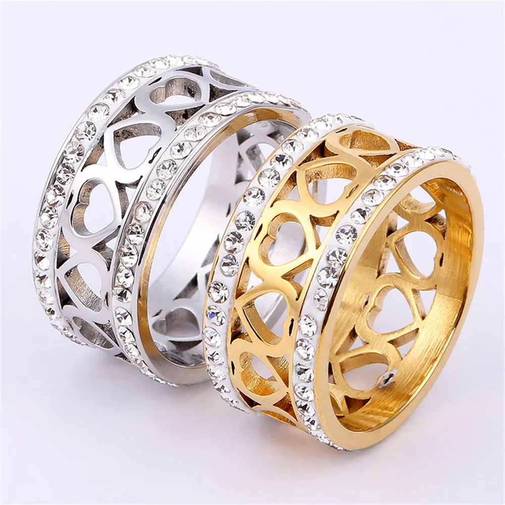

Women's Heart Ring 10mm Chunky Gold Silver Color Stainless Steel Crystal Zircon Party Rings for Woman Luxury Finger Jewelry Gift