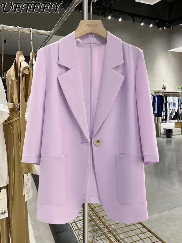 Purple Casual Suit Jacket for Women Summer Thin New High-End Professional Sun Protection Clothes Three-Quarter Sleeve Slim Coat