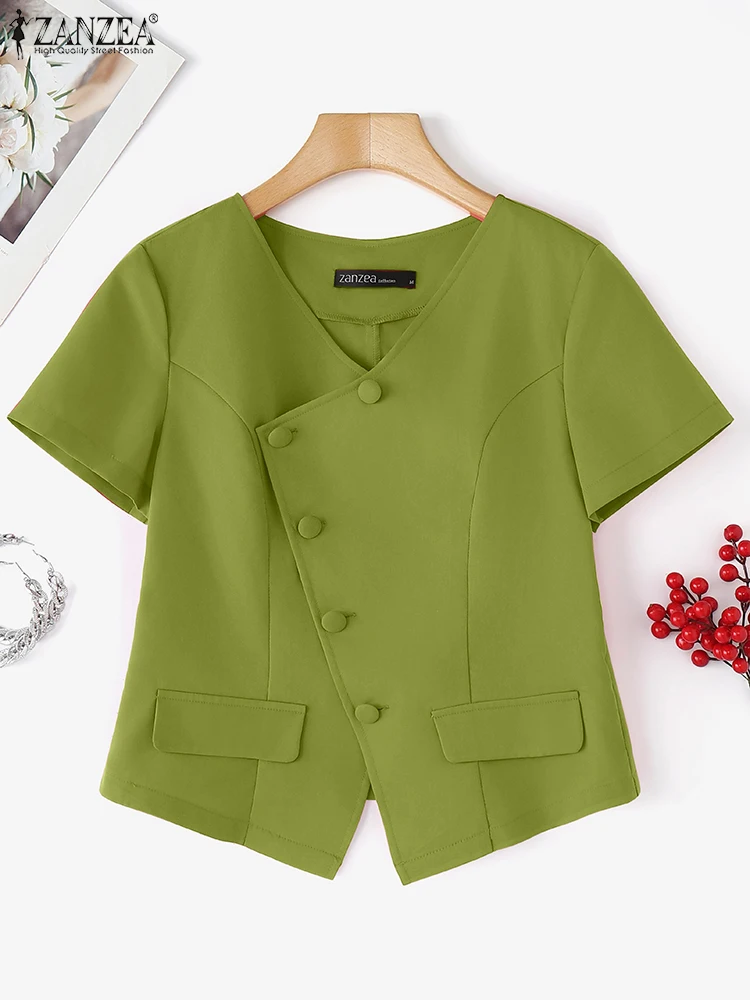 

ZANZEA, летние топы, женские рубашки, повседневная свободная туника с короткими рукавами, мода 2025 года, нерегулярные пуговицы, однотонные блузки с v-образным вырезом, S-3XL
