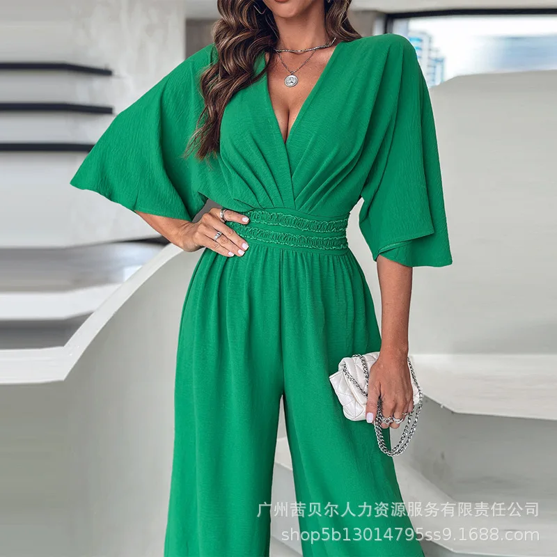 

2024 Spring Summer New Jumpsuits Women Solid Color Flare Sleeve Deep V-neck Jumpsuits Women Loose Tight Waist Wide Leg Jumpsuit