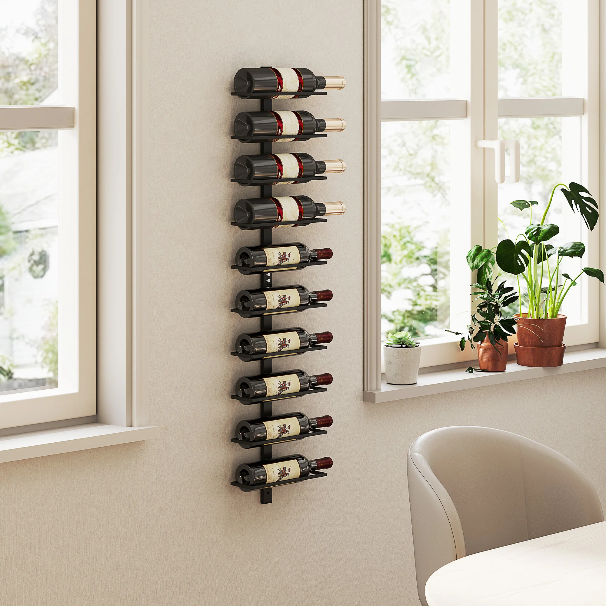 Portabottiglie da parete in acciaio per 10 bottiglie, per cucina, caffè, sala da pranzo, cantina, nero