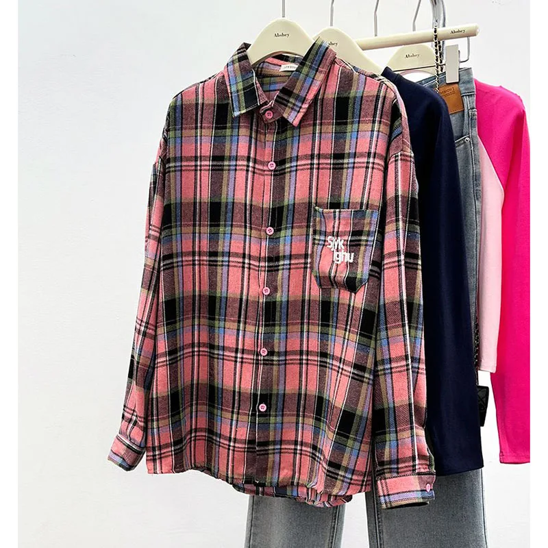 2026 Spring Autumn Women Plaid Embroidered Shirt Lapel Pocket Detail Thin Fabric Trendy Korean Design Sense Top
