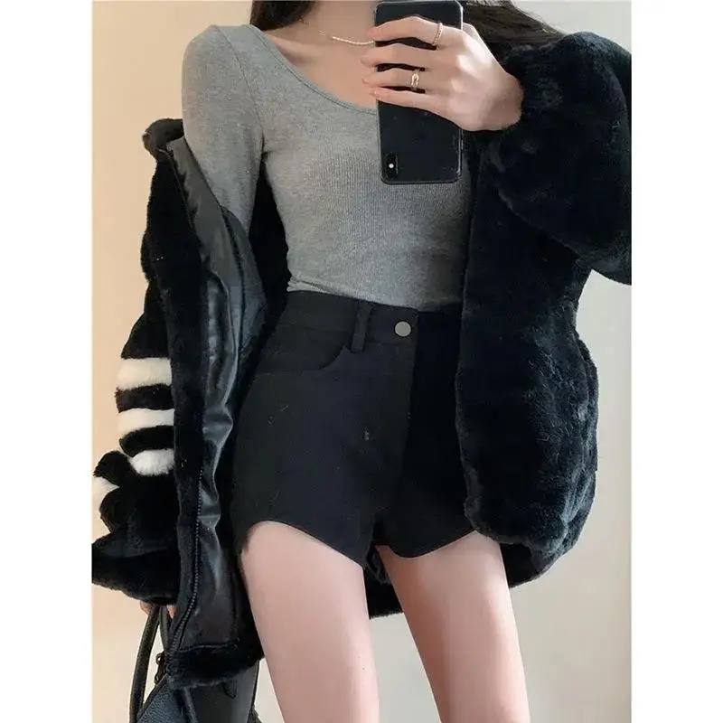 Black Irregular Denim Shorts for Women Summer High Waisted Jeans 2024 Elastic Tight Shorts Basic Women's Clothing