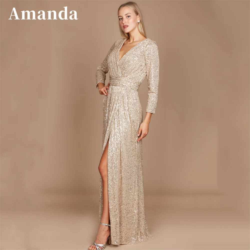 

Amanda Glitter Sequins Vestidos De Noche Long Sleeve V-neck Prom Dress Sexy Side Split Shiny فساتين مناسبة رسمية