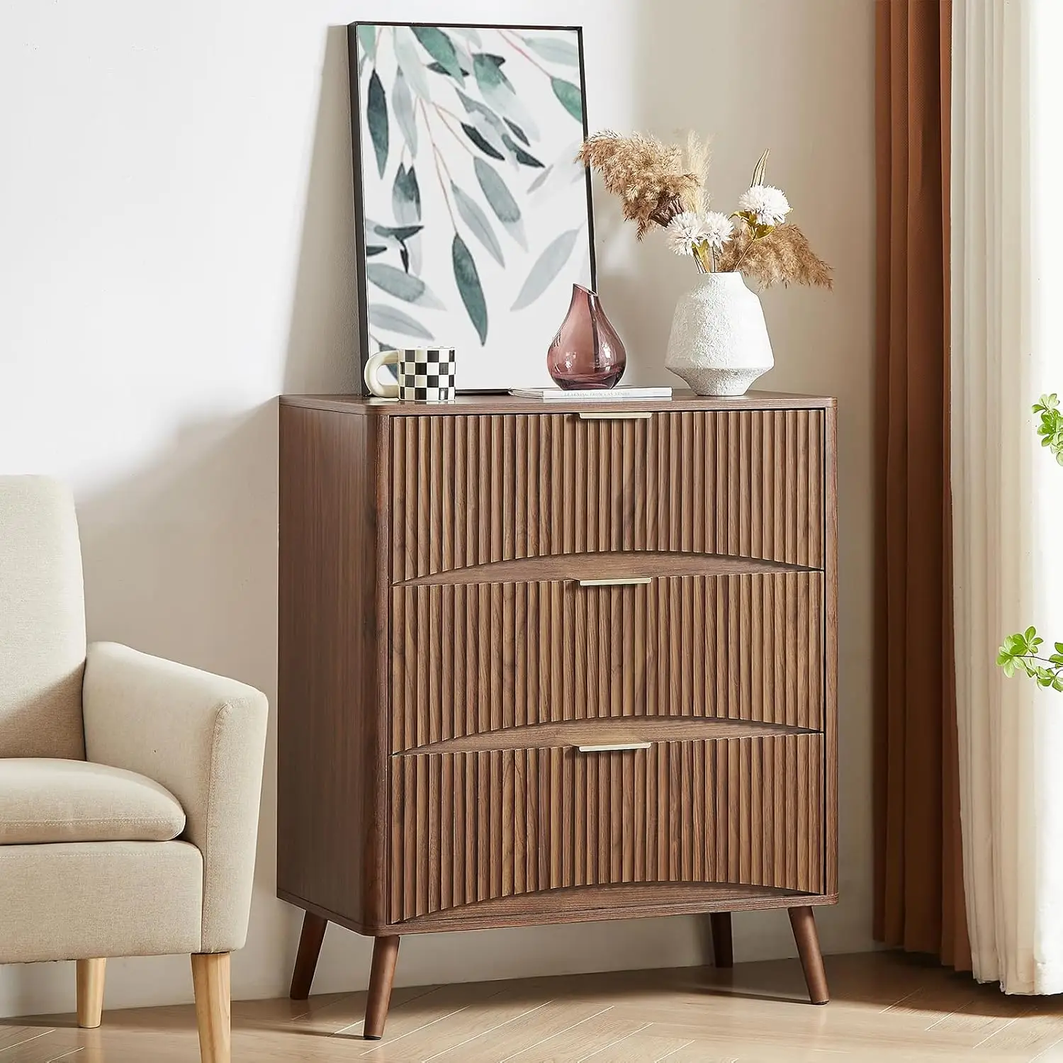 3 Drawer Fluted Dresser, Walnut Wood Curved Dresser with Waveform Panel, Mid Century Modern Chest of Drawers for Bedroom,