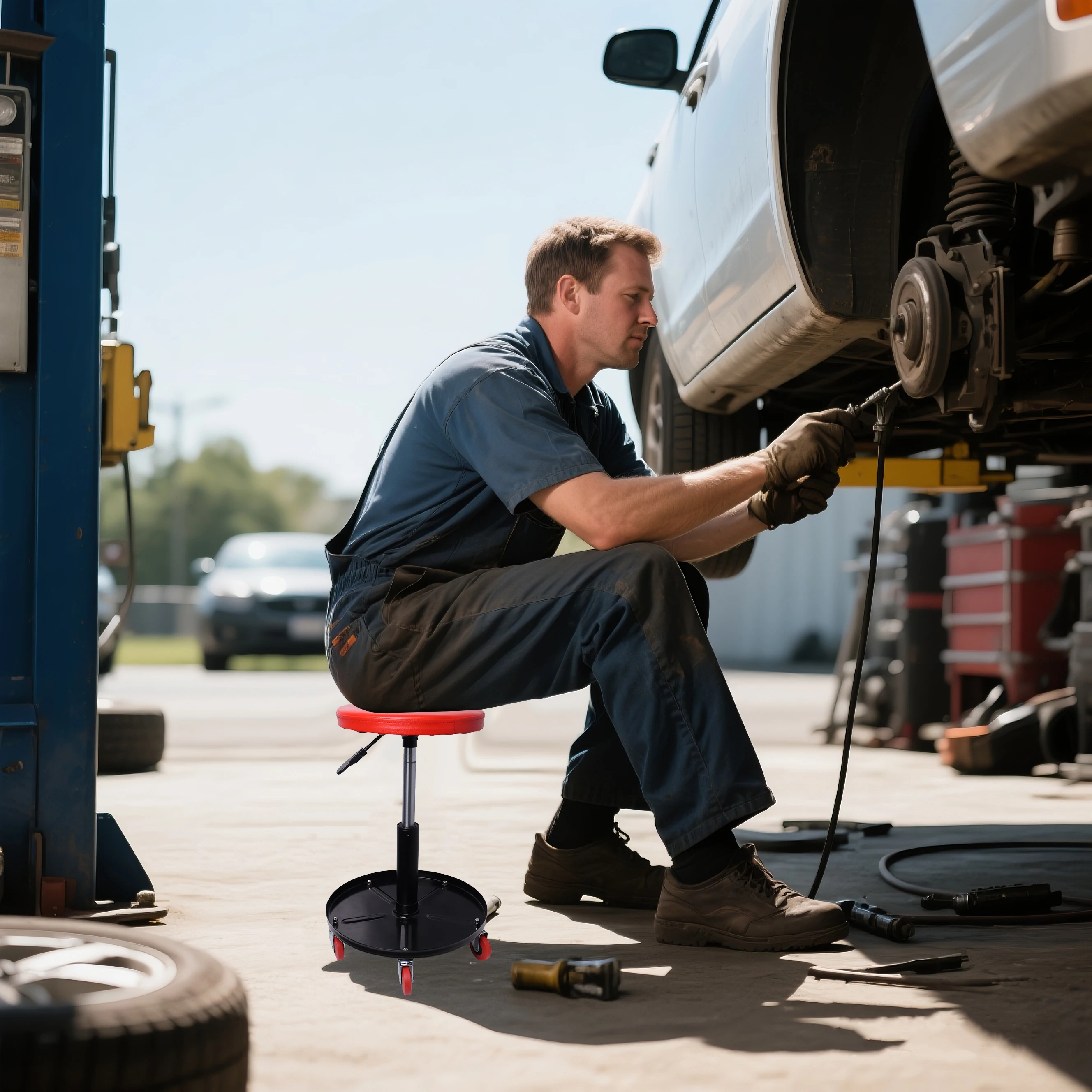 

New Red Adjustable Rolling Garage Stool Adjustable Height Mechanic Work Shop Seat Car Repair Bench