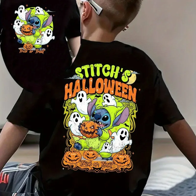 

Disney Stitch Halloween Children's Wear New Boys' and Girls' T-shirts Summer Casual Fashion Pure Cotton Top