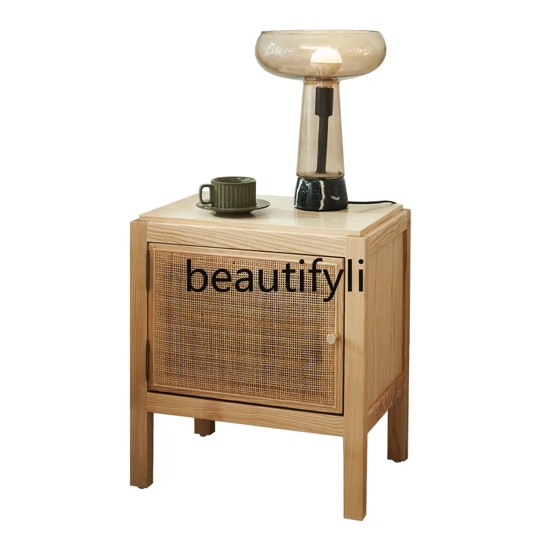 

Rattan bedside table bedroom solid wood simple locker storage homestay retro style real vine mini