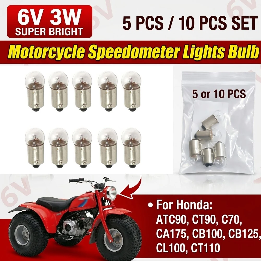 For Honda ATC90 CT90 C70 CA175 CB100 CB125 CL100 CT110 Speedo Meter Bulbs 5/10 Pcs 6V 3W Motorcycle Speedometer Lights Bulb