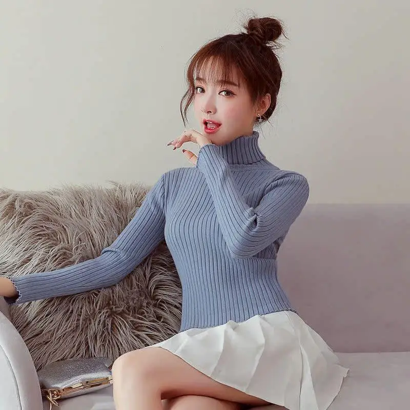 

Женский облегающий вязаный свитер с высоким воротником, теплый базовый слой, топ для осени и зимы, внутренняя одежда, маленький размер, студенческий