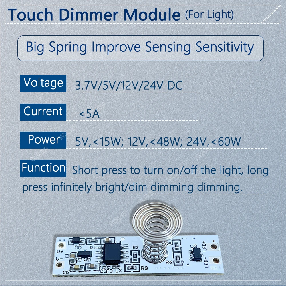 3.7~24V 5A 60W Capacitive Touch Sensor Switch Coil Spring Switch LED Dimmer Control Switch for Smart Home Light Dimmer