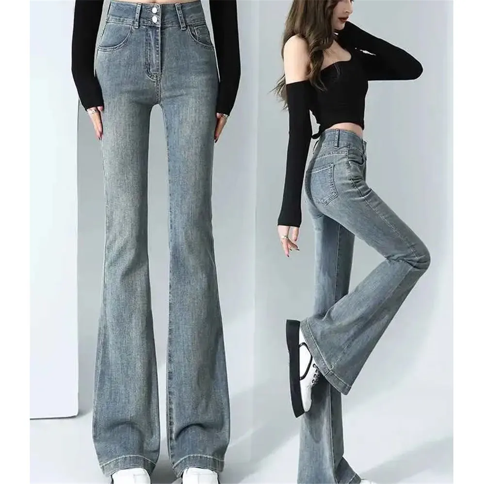 

Retro Micro La Jeans Women'S Spicy Girl Spring Autumn Double Button High Waist Slim Fit Straight Leg Wide Horseshoe Horn Pants