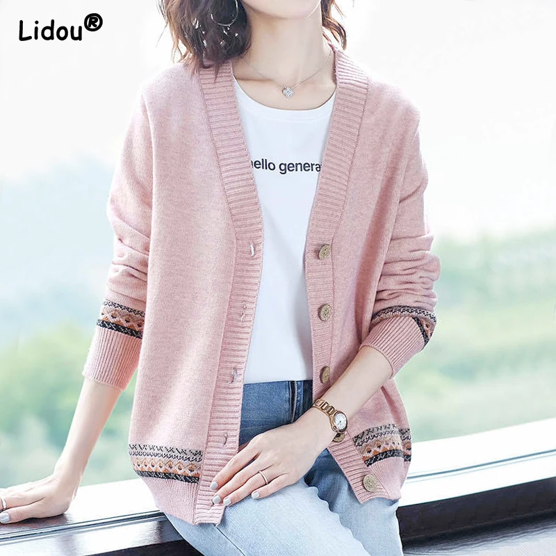 

2023 New Autumn and Winter Fashion Trend V-neck Printed Long Sleeved Loose Casual and Versatile Oversized Sweater Cardigan