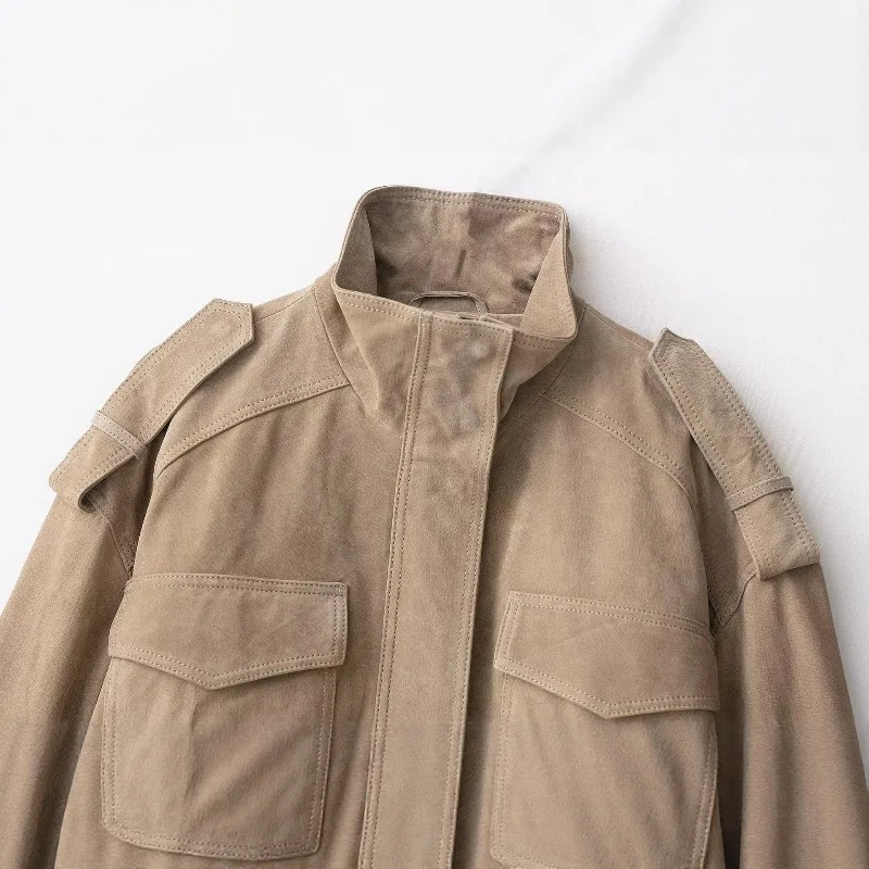 2025 المرأة الجديدة الخريف والشتاء الوقوف طوق جيب إغلاق الجلد المدبوغ الملمس الجلود مرونة قصيرة سترة غير رسمية فضفاضة تناسب #4