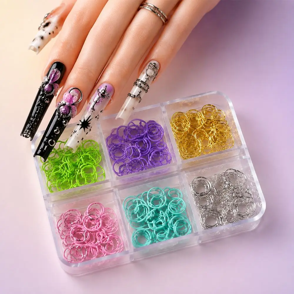 6Grids Punk Caviar Nail Accessory Set Multi‑Size Metal Open Jump Rings Hollow Circle Loop Charms For Professional Salon Manicure