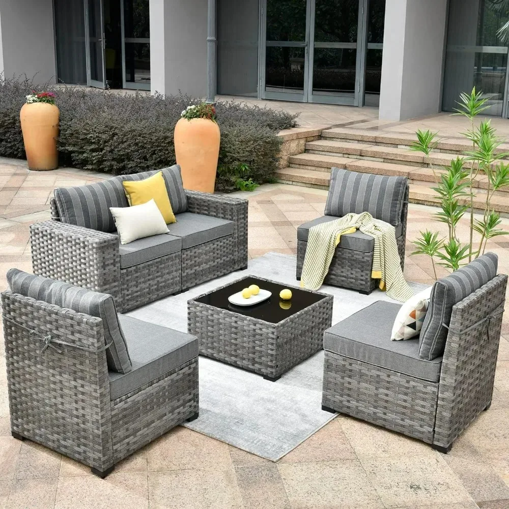 

6 PCS Patio Sofa Set,Wide Armrest Outdoor Sectional Sofa,All Weather PE Rattan Outside Conversation Sets,Sofas