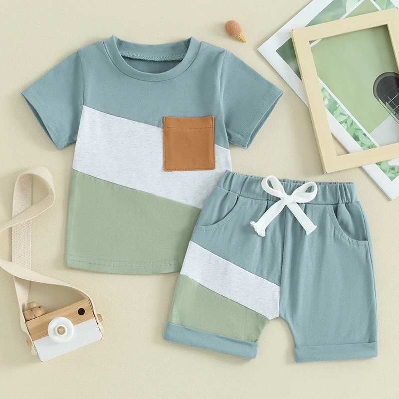 2024-01-30 Lioraitiin Toddler Boys Shorts Set Contrast Color Short Sleeve T-shirt with Elastic Waist Shorts Set Summer Outfit