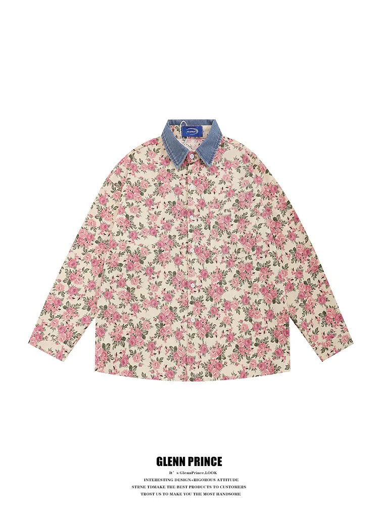 

Мужская винтажная рубашка GPstudio с цветочным принтом, осенне-весенняя, из вельвета, с длинным рукавом, повседневная верхняя одежда, розовая, свободного кроя, из полиэфирного волокна