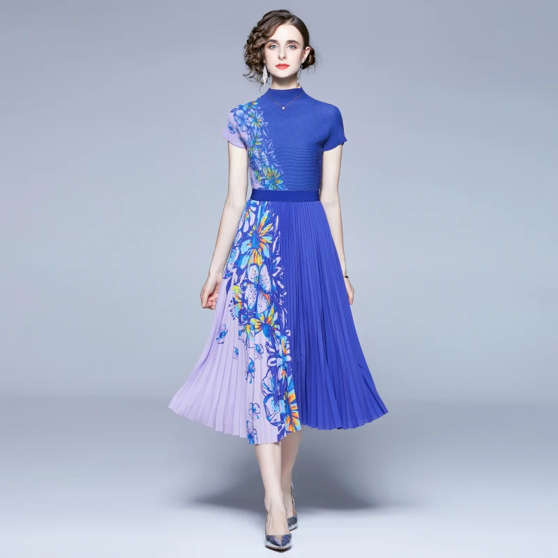 Elegant Summer Flower Two Piece Set Women Stand Collar Knitted BlueTops + Elastic Waist Floral Print Pleated Long Skirts Suits