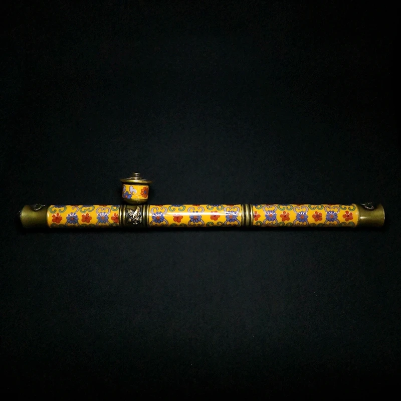 YIZHU CULTUER ART Size 42cm Chinese Brass Cloisonne Carving Inlay Dragon Eagle Flower Tobacco Pipe Decoration Collection