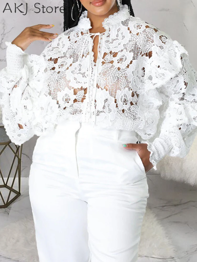 

Women Lantern Sleeve Crochet Lace Blouses Shirts