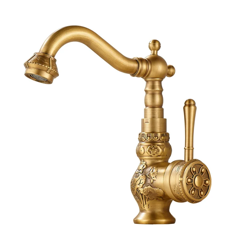 

Carved retro faucet, bathroom under the counter basin of hot and cold water household rotating antifreeze