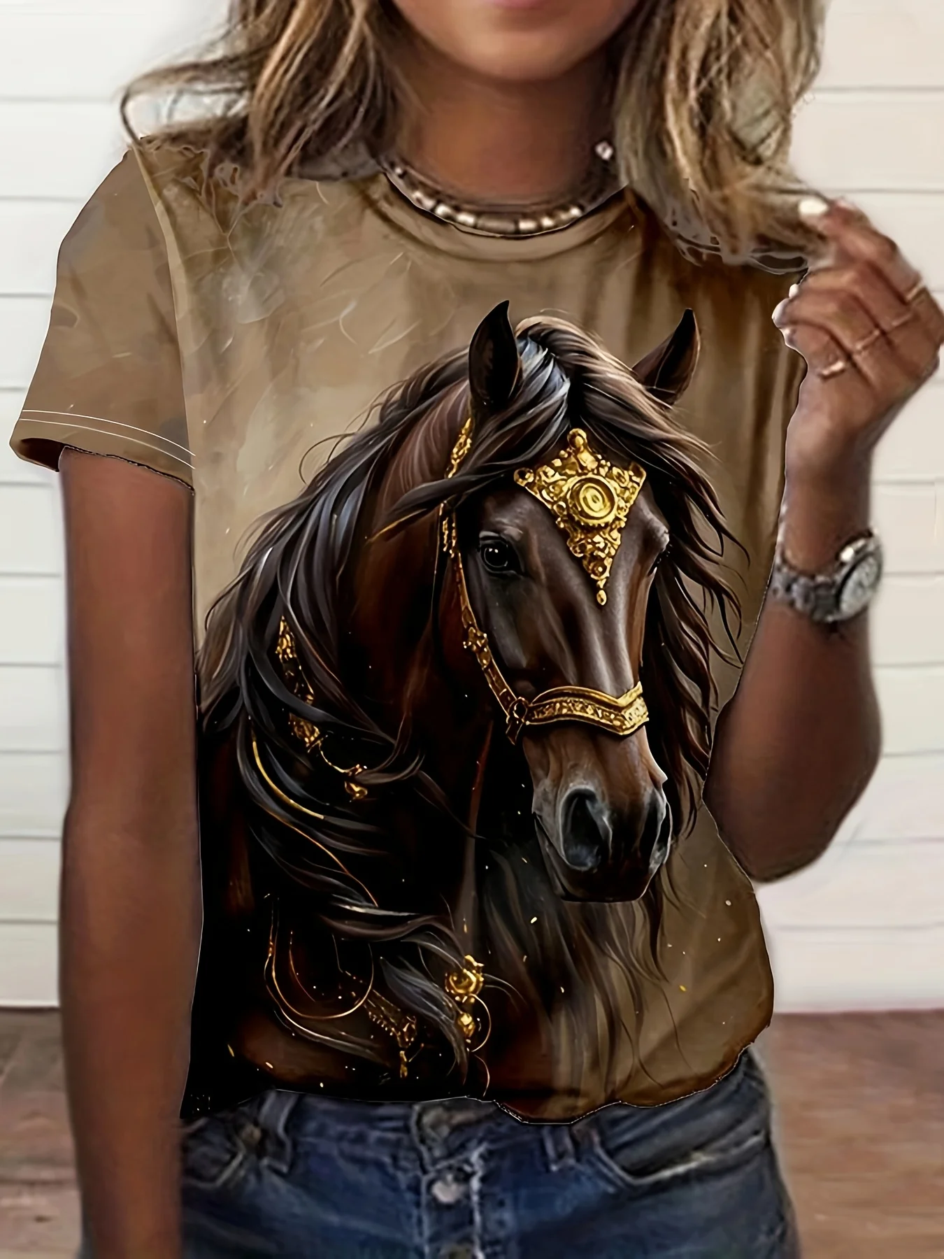 Damen-T-Shirt – Verziertes, vergoldetes blaues Pferdemotiv, königliches, mythisches Pferdedesign für den Alltag – Detail 5
