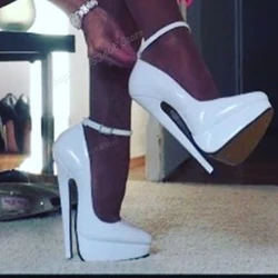 White Patent Leather Platform Pumps Ankle Strap Pointed Toe Stiletto High Heel Sexy Fashion Women Shoes 2024 Zapatos Para Mujere