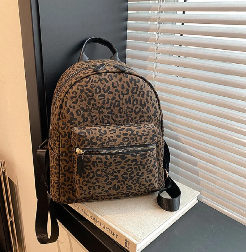 New Women\'s Korean Fashion Leopard Canvas Backpacks Large Capacity Casual Travel Shoulder Bags Totes School Bag Knapsack