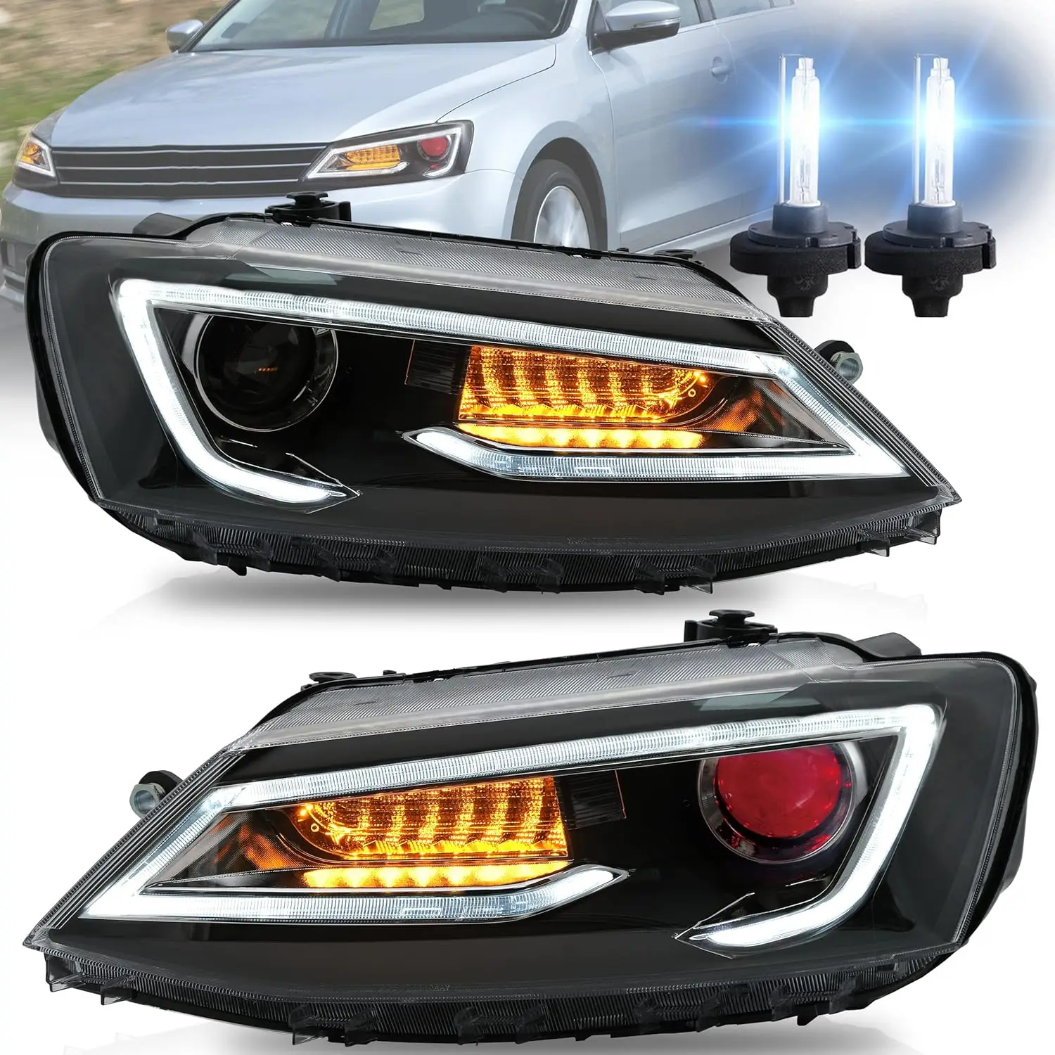 Headlights with D2H Bulbs Assembly Compatible with Jetta 2012-2018 (Excludes GLI) LED Front Lamp DRL, Sequential Turn Signal, Pl