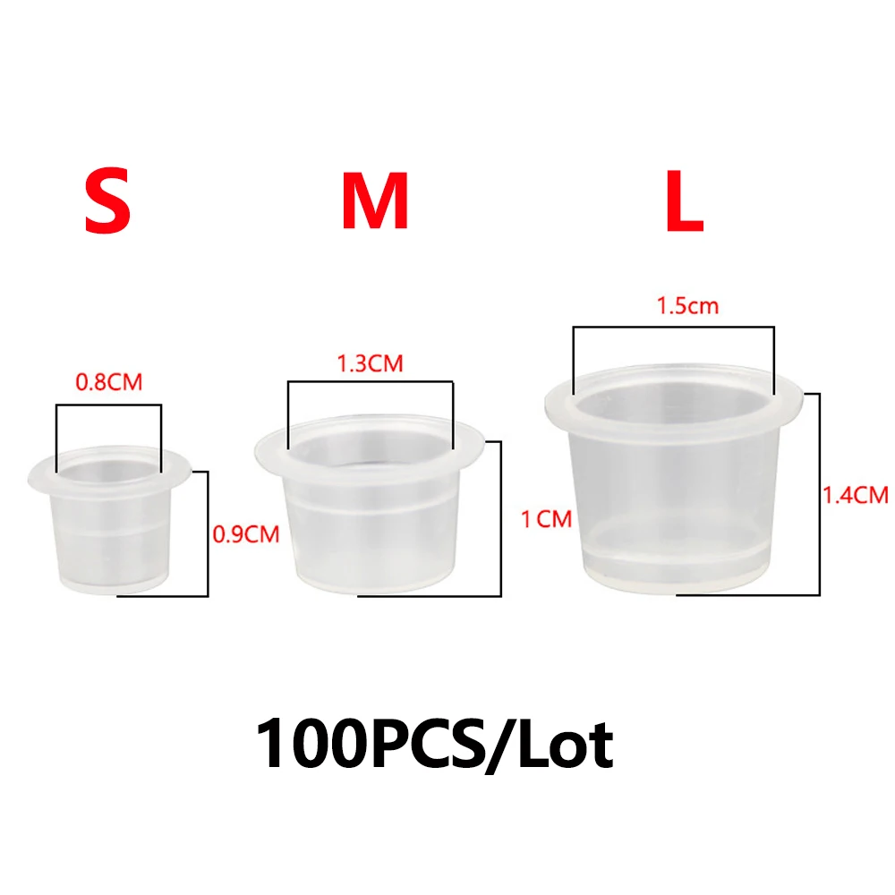 

100PCS Tattoo Ink Cup S M L Disposable Microblading Steady Plastic White Permanent Makeup Ink Pigment Clear Holder Container Cap