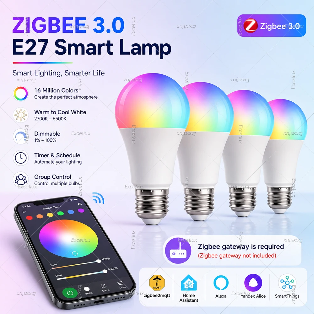 18W 15W Zigbee 3.0 E27 Led Light Bulbs RGB+CW+WW App Control Smart Lamp Work With Alexa Echo Google Assistant Yandex Z2M Gateway