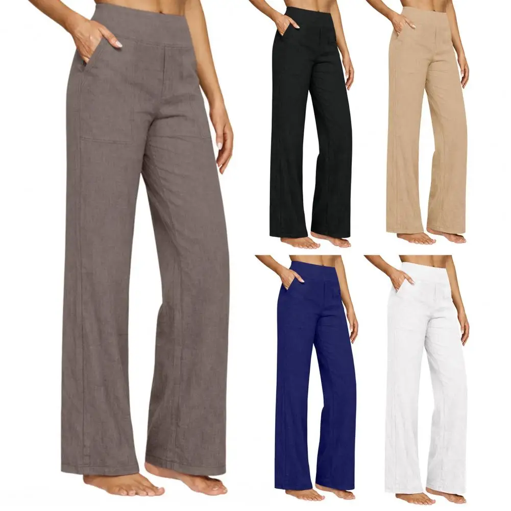 Elegant Women Pants Wide Leg High Rise Work Trousers with Side Pockets Pure Color Summer Pants Casual Business Office Wear