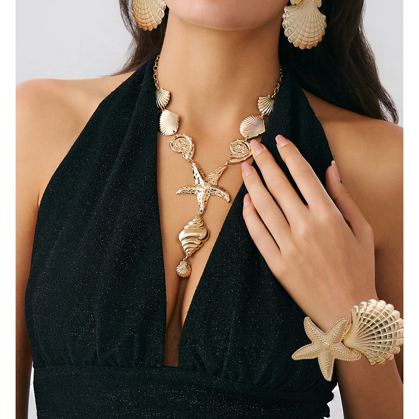 Necklace Y Style Starfish Shell Pendant Exaggerated Heavy Duty with Durable Metal Chain for Women Vacation Beach Edgy
