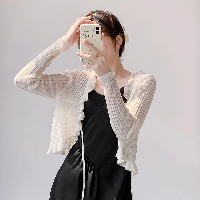 Korean Style Sweet Summer Thin Knit Cardigan Lace-Up Ruffle V-neck Short Bolero Top Black Pink Blue Sun-Protection Slim Shrug