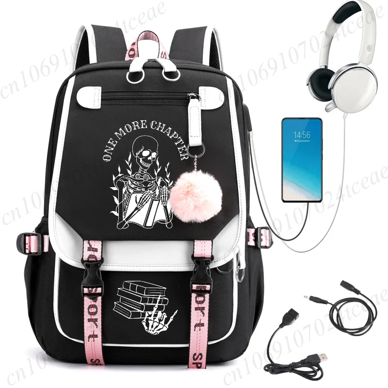 

USB Women School Backpacks Bag Nylon School Backpack for Student Girls One More Chapter Print Kawaii Laptop Book Pack Mochilas