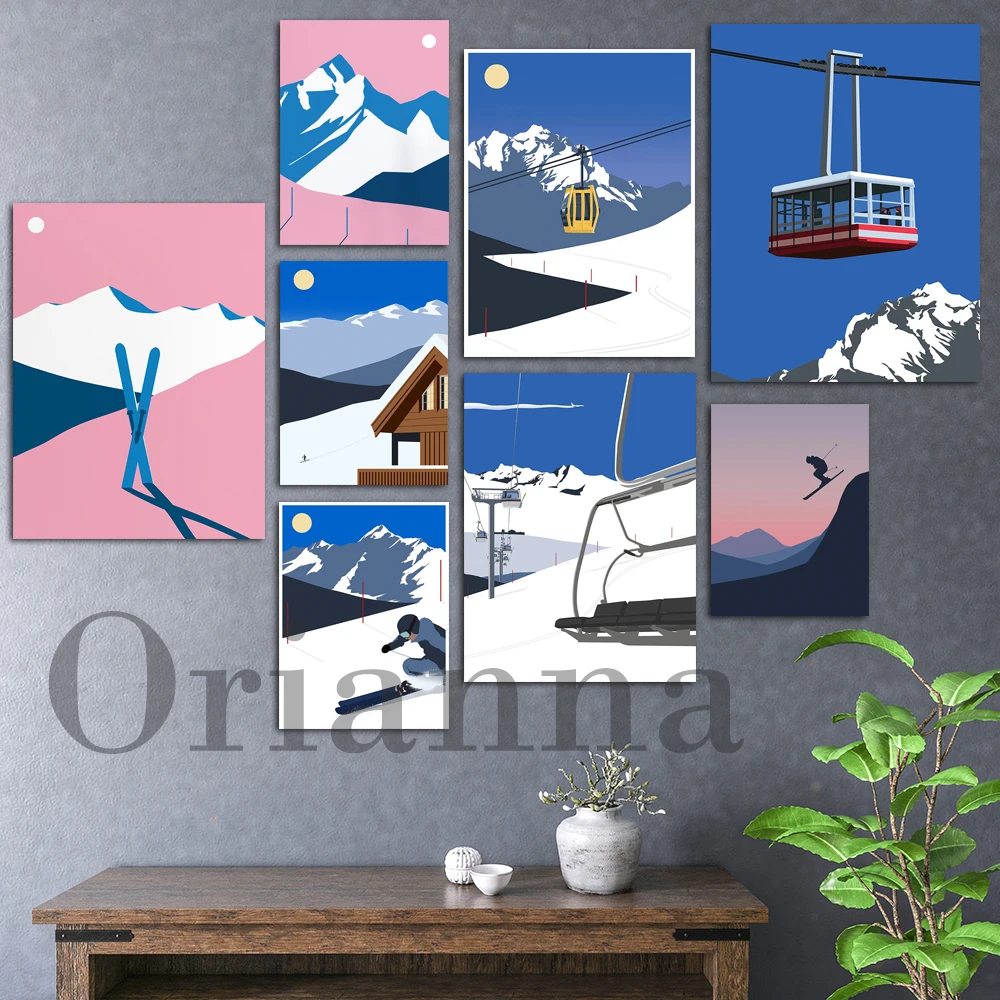 Winter Skiing Landscape Wall Art Poster Ski Lifts In The Mountains Fine Art Print Skiier Home Decor Modern Living Room Cuadros