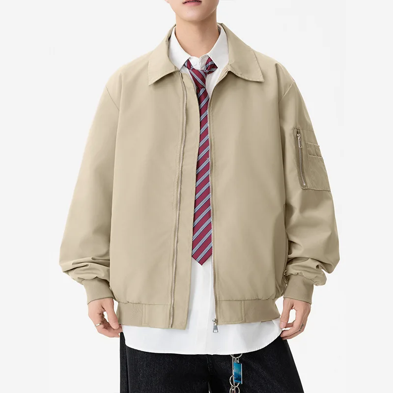 Man Coat Autumn Fashion Simple Solid Color Long Sleeve Male Cargo Jacket Turn Down Collar Zipper Breathable Male Outerwear
