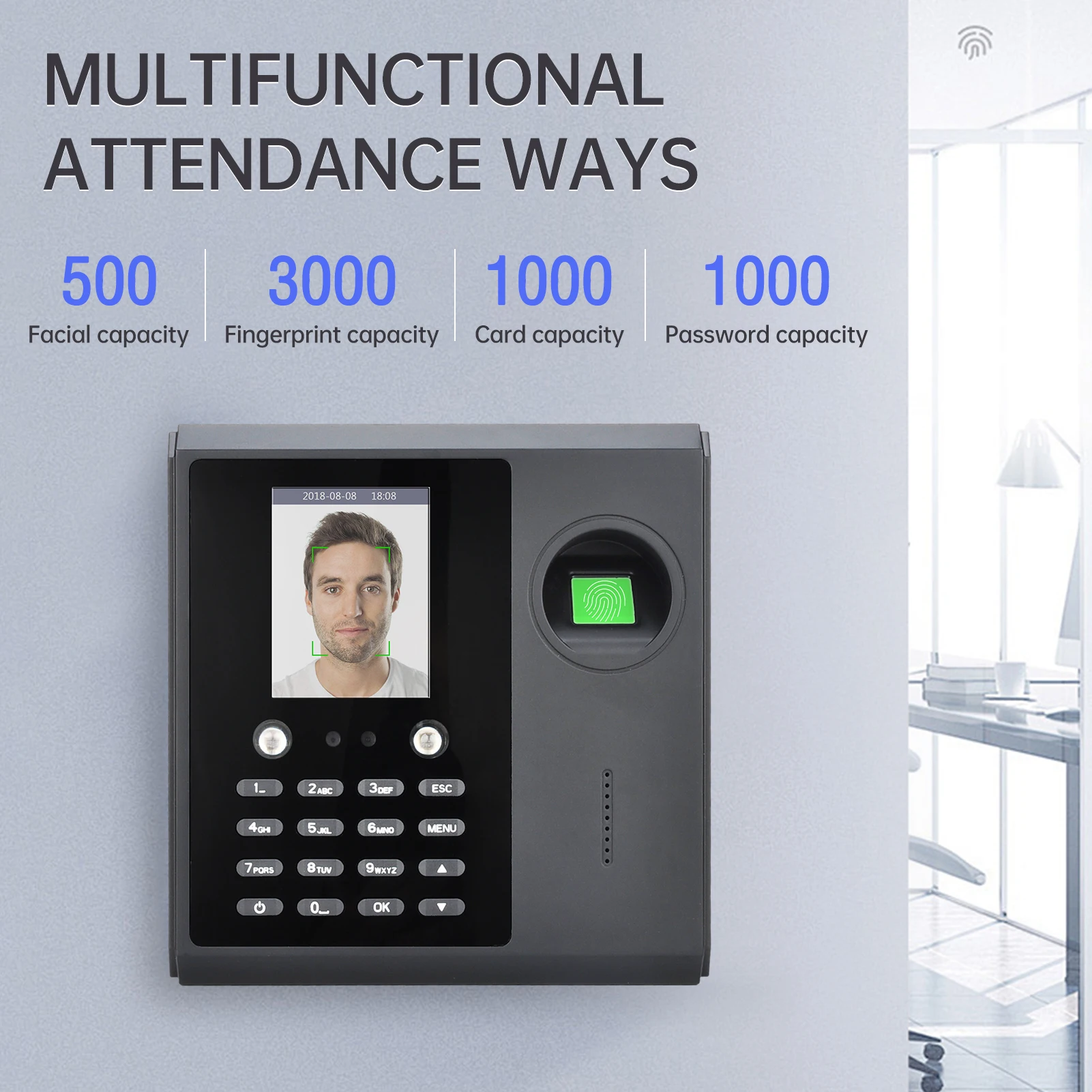 Biometric Time Clock Attendance Machine for Employees Support 3000pcs Fingerprint/1000pcs Password/1000pcs ID Card/500pcs Facial