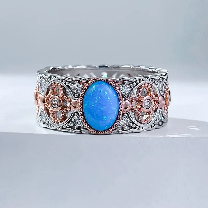 

New 925 Silver Plated Rose Gold Inlaid 5 * 7 Australian Treasure Blue Purple Ring for Female Live Streaming Little Red Book