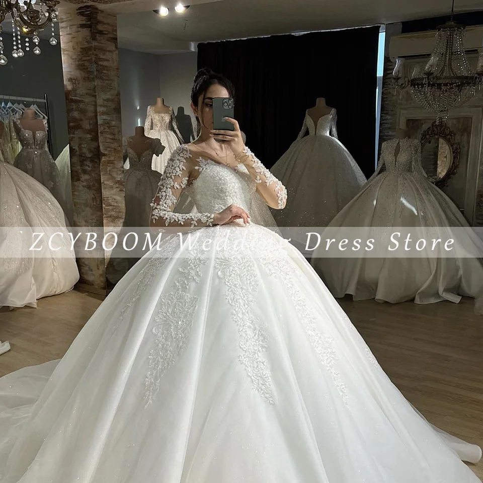 Customized White O-Neck Shiny Long Sleeves Appliques Wedding Dress 2024 Ball Gown Floor Length Sweep Train Lace Up Bridal Gown