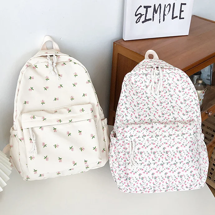 Cute Floral Nylon Canvas Backpack Korean Style Student Schoolbag Large Capacity Girls Travel Daypack