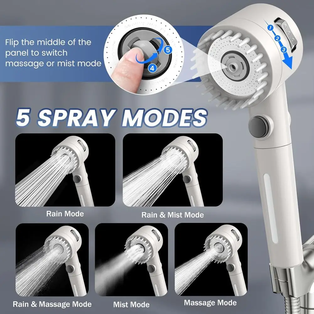 5-funkcyjna słuchawka prysznicowa z filtrem do wody o niskiej zawartości wody, włącznikiem/wyłącznikiem i wężem ze stali nierdzewnej redukującym zawartość chloru.