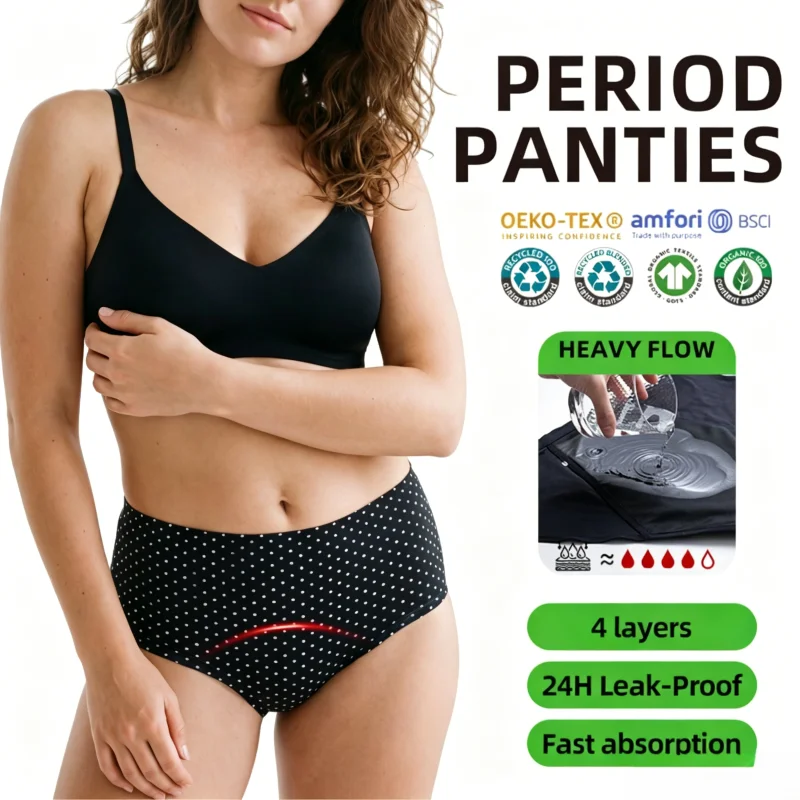 

Women's High Waist Period Panties 4-Layer Leakproof Ice Silk Underwear Heavy Flow Black Polka Dot Menstrual Briefs For Swimming