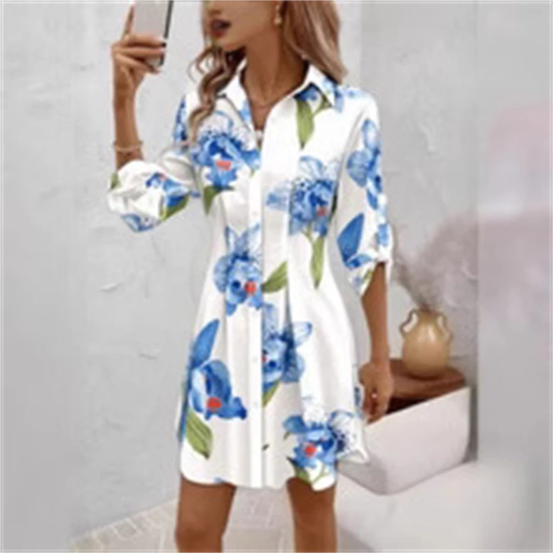 2025 nuove donne casual stampa manica lunga cintura con cravatta abito camicia abito camicetta tunica per abiti estivi da indossare ogni giorno