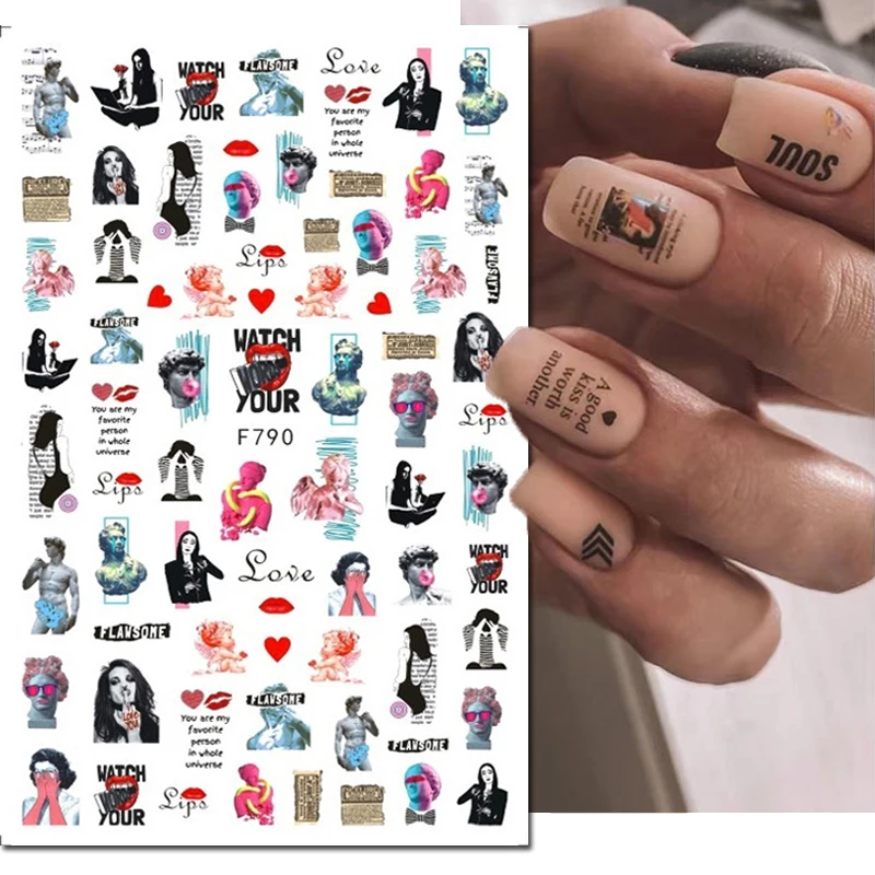 

3d Nail Art Decals Red Love Heart Lips Letters Fashion Ladies Adhesive Sliders Nail Stickers Decoration For Nail Manicure