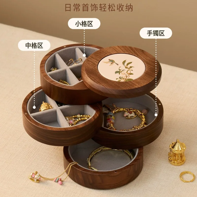 Retro Chinese Style Black Walnut Wood Jewelry Box, Multi Compartment Anti Tarnish Storage for Earring Ring