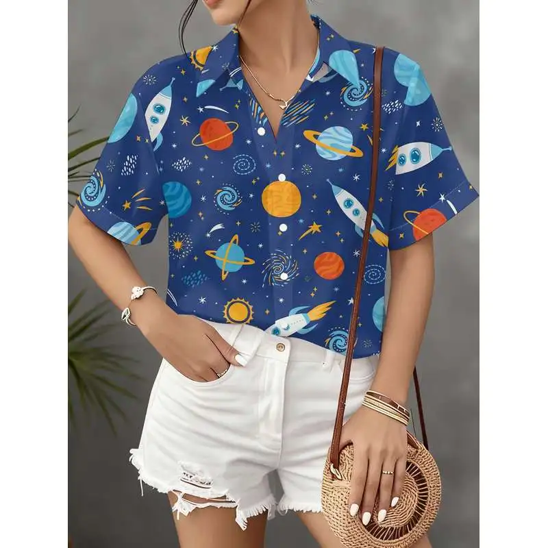 Women's Short Sleeve Button Up Shirt Space Theme Printed Rocket Planet All Over Dark Blue Casual Commuter Top Machine Washable