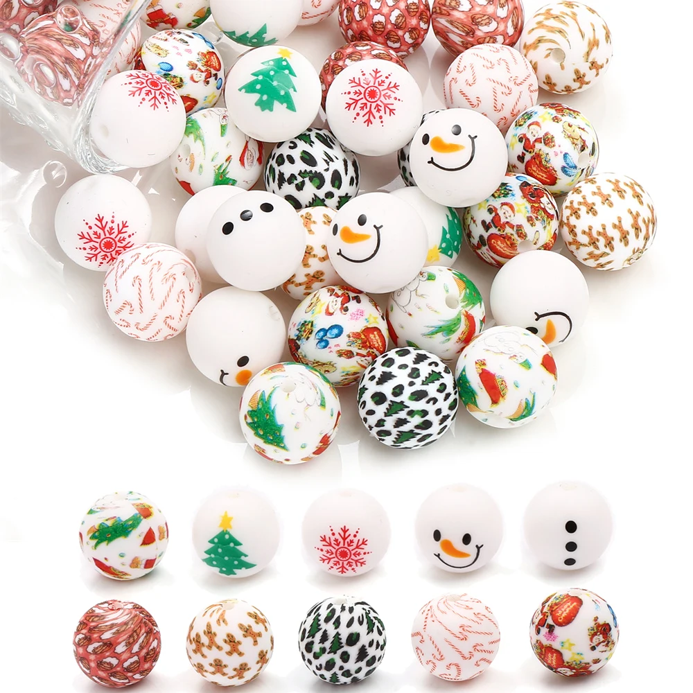 5Pcs 15mm Christmas Silicone Beads Mix Colors Round Silicone Focal Beads for Pens,Bracelet Making Kit, Jewelry, Art, Crafts, DIY