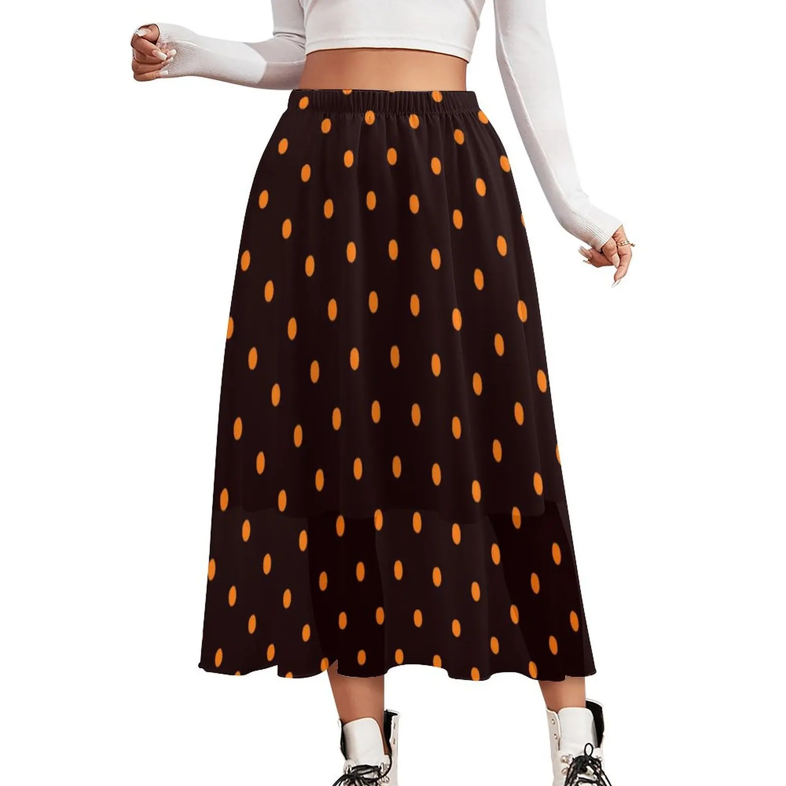 Polka Dots Print Skirt Orange and Black Beach Boho Skirts High Waist Custom Street Fashion A-line Skirt Big Size 3XL 4XL